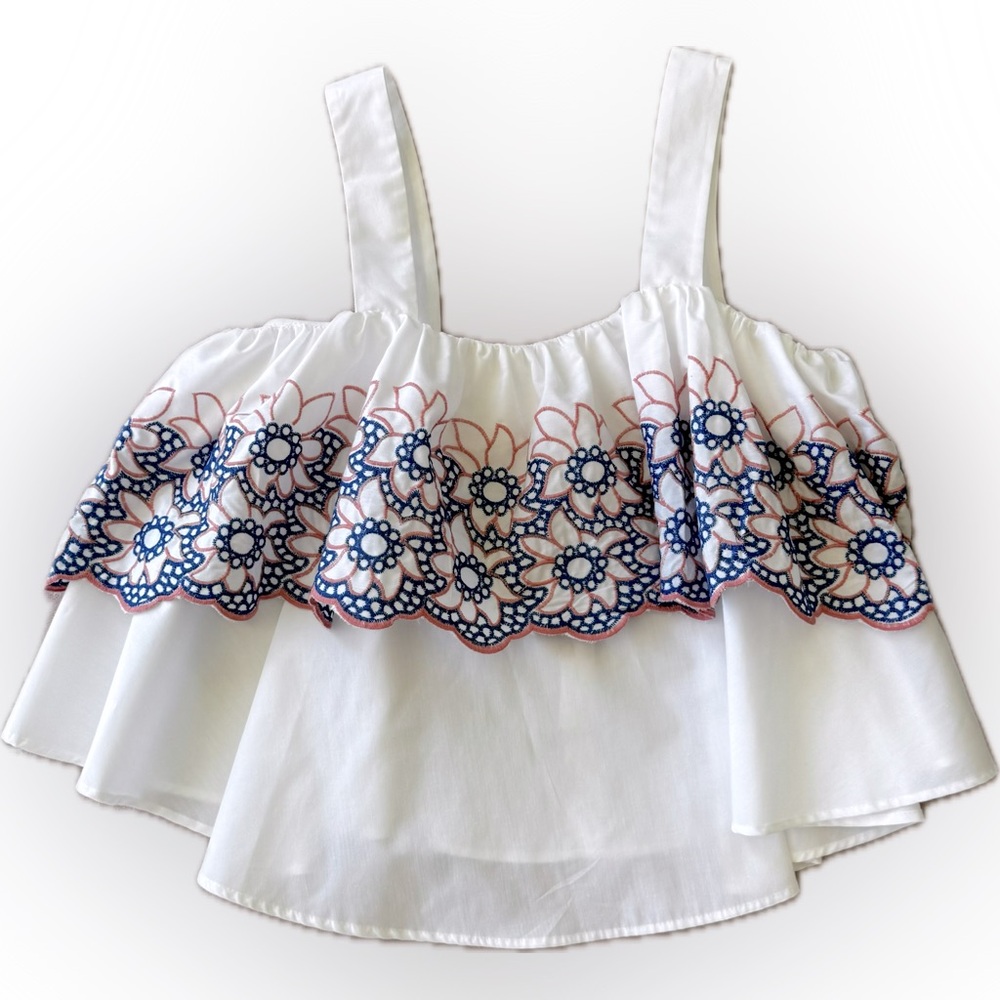 White top with blue and pink floral detail